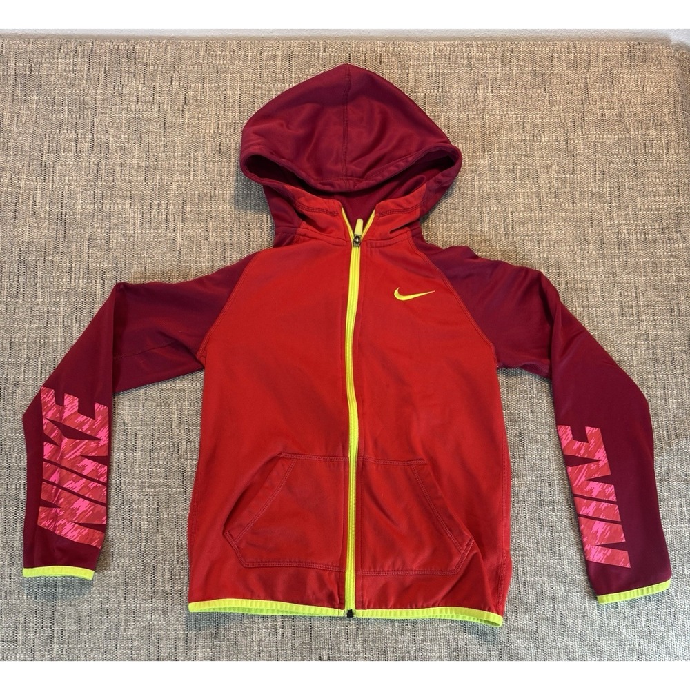 Nike Dri Fit Girls Pink/Yellow Full Zip Hoodie! Size Medium Measurements In Pics